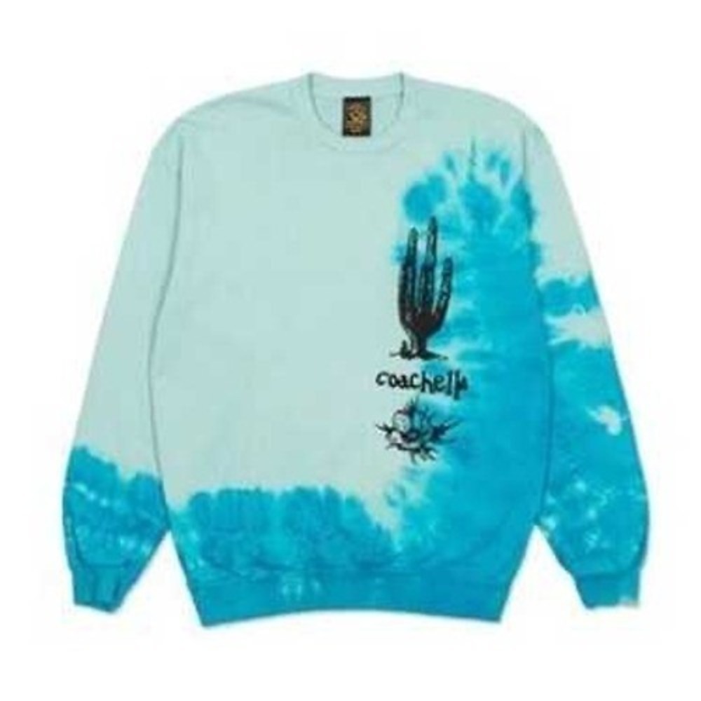 Coachella Tie Dye Cactus Graphic Crewneck Sweatshirt Light Blue Turquoise SZ Med